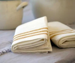 Kökshandduk 2-pack - Lin 50x70 cm, rand benvit/ockra