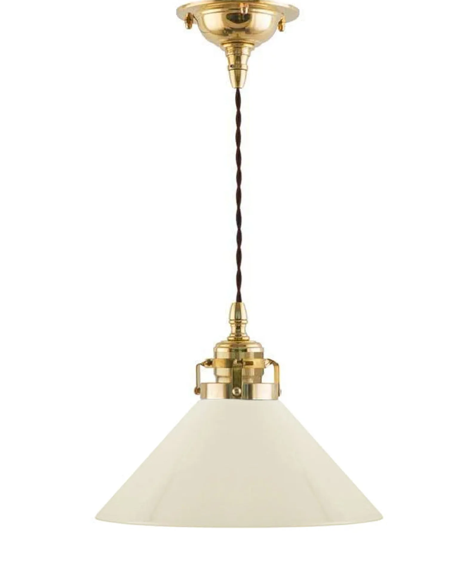 Taklampa - Skomakarsladd mässing, hög benvit skärm 25 cm