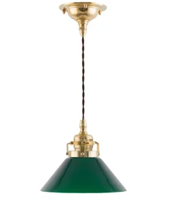 Taklampa - Skomakarsladd mässing, liten grön skärm 15 cm
