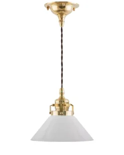 Taklampa - Skomakarsladd mässing, liten vit skärm 15 cm