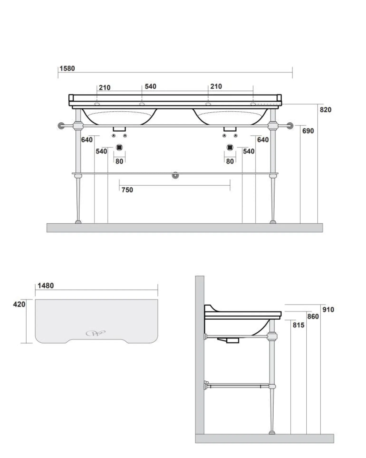 Tvättställ med bronsben & glashylla - Art Deco - Dubbelt 150 cm
