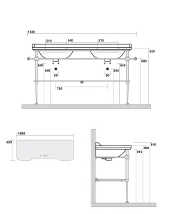 Tvättställ med kromade ben & glashylla - Art Deco - Dubbelt 150 cm