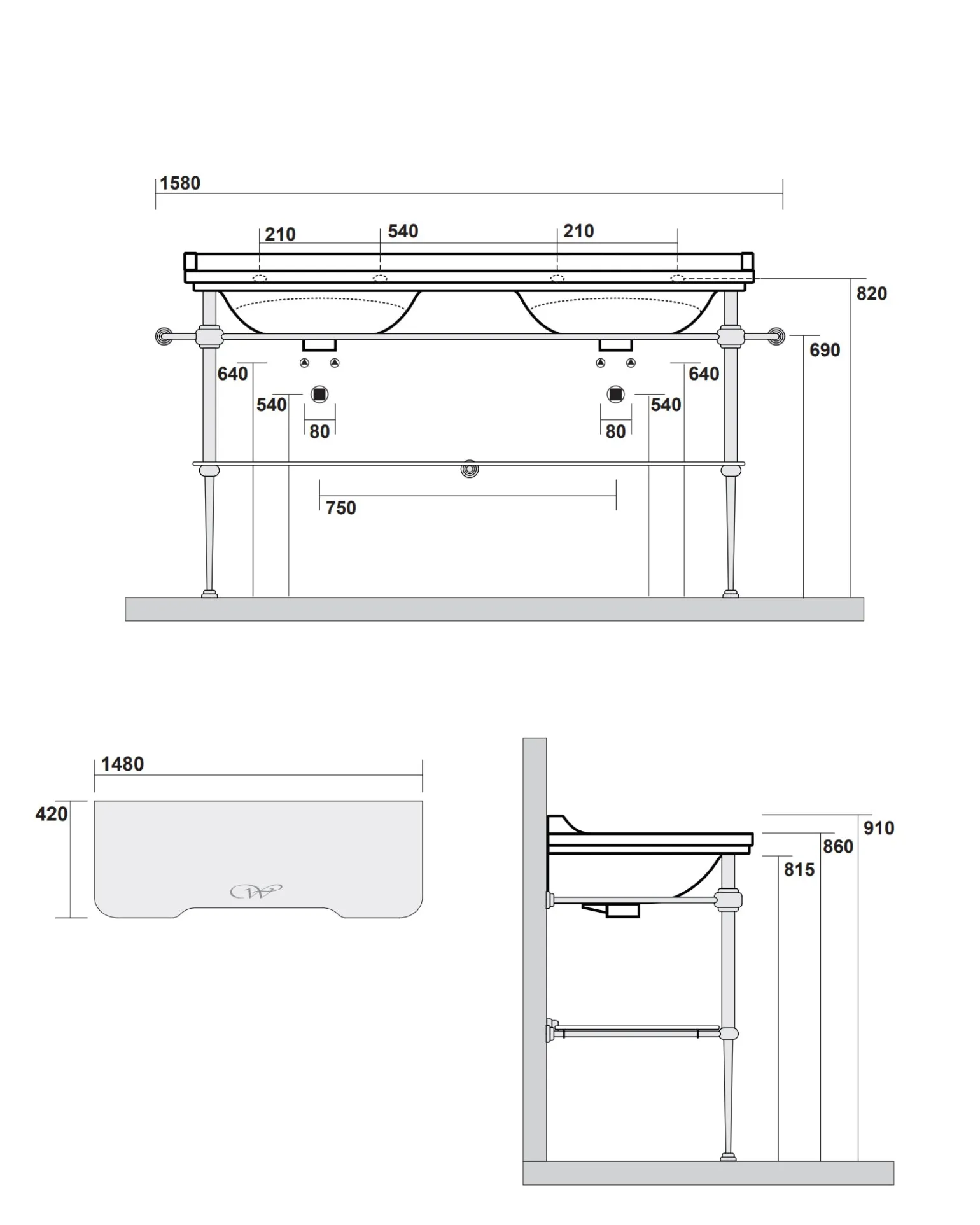 Tvättställ med kromade ben & glashylla - Art Deco - Dubbelt 150 cm