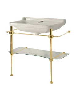 Tvättställ på guldställning med glashylla - Art Deco 88 cm