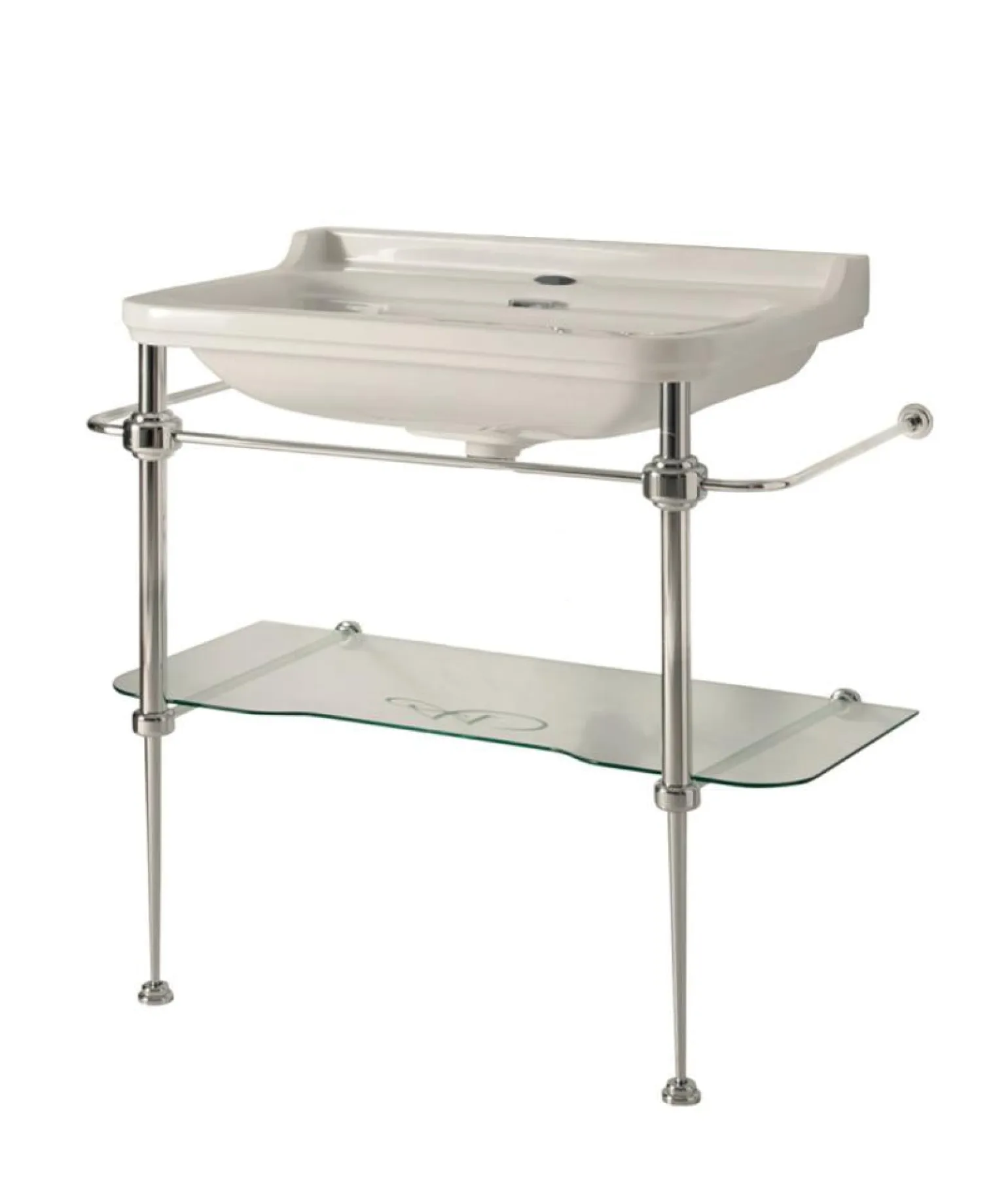 Tvättställ på kromställning med glashylla - Art Deco 88 cm